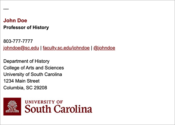 Simple email signature with person's name, title, pronouns, phone number, email address, website URL, twitterhandle, office name, university name, address and logo. 