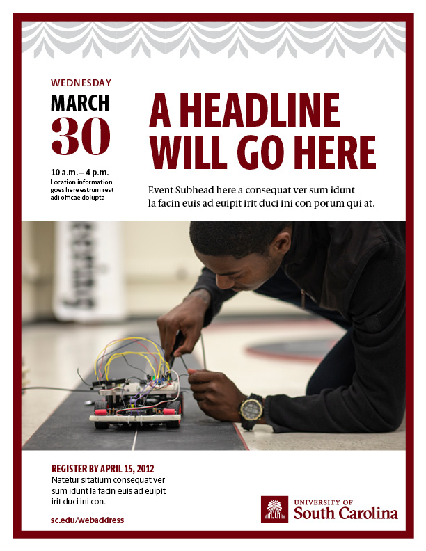 Sample of a digital file with garnet border, decorative pattern across top, placeholder headline, date, text and image with USC logo placed bottom right.