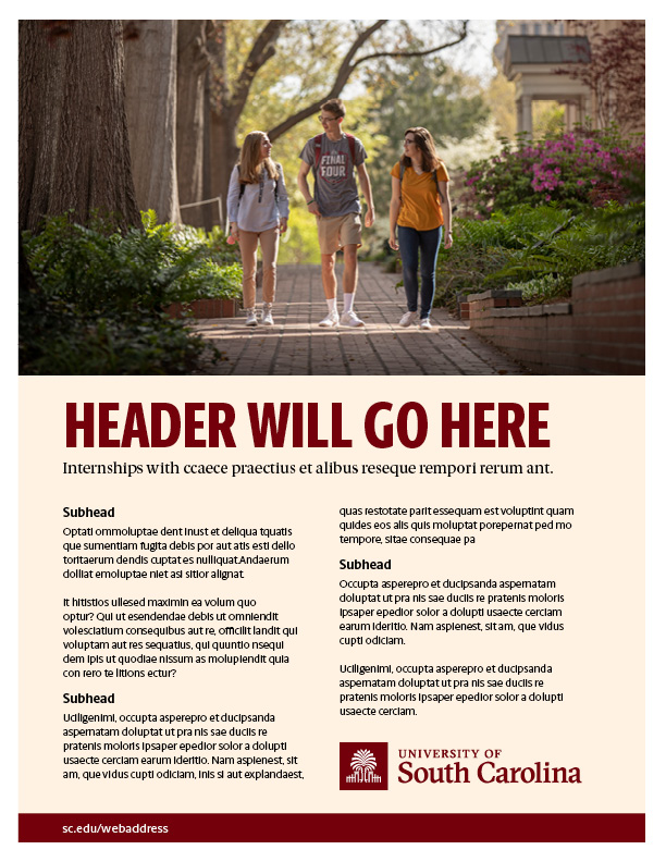 Sample of a digital file large placeholder photo at top, headline and two columns of text with USC logo placed bottom right.