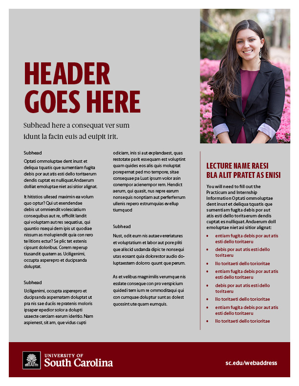 Sample of a digital file placeholder headline top left, image top right, three columns of text and white USC logo placed bottom left on garnet bar.