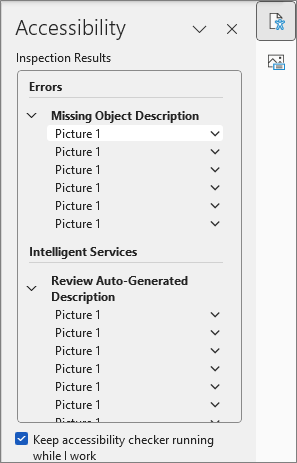 Accessibility Checker displaying missing object descriptions and auto-generated descriptions Screenshot of Word accessibility checker displaying multiple missing object description issues under errors and multiple review auto-generated description notices under intelligent services section. All contain same title, "picture 1".