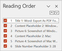 Windows PowerPoint Reading Order Pane Screenshot of reading order pane listing multiple placeholders in this order: title 1, content placeholder 2, picture 6, content placeholder 2, picture 4, slide number placeholder.
