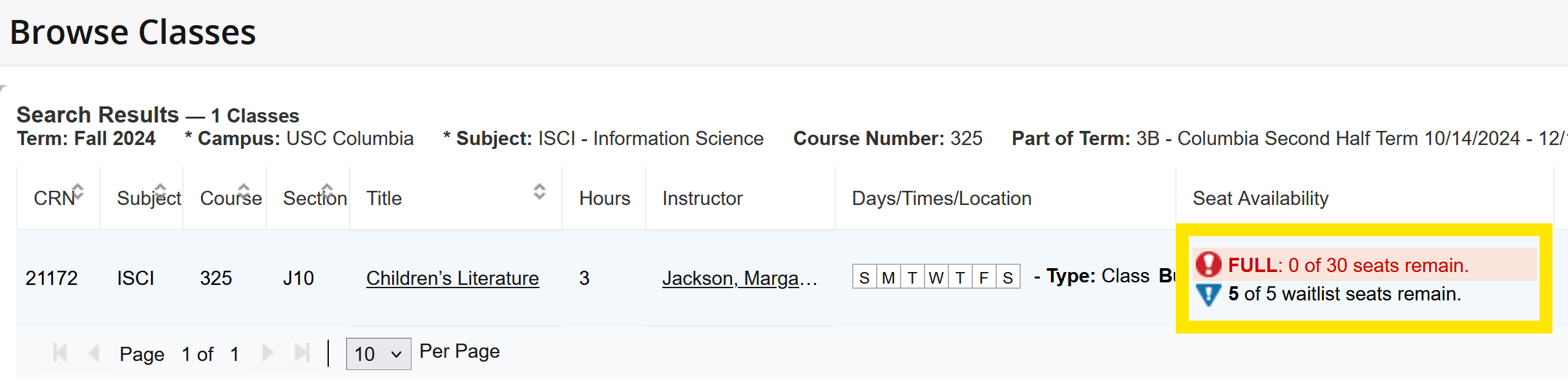 Waitlist Availability in Browse Classes Screenshot of Browse Classes in Self Service Carolina showing waitlist seat availability in the Seat Availability column