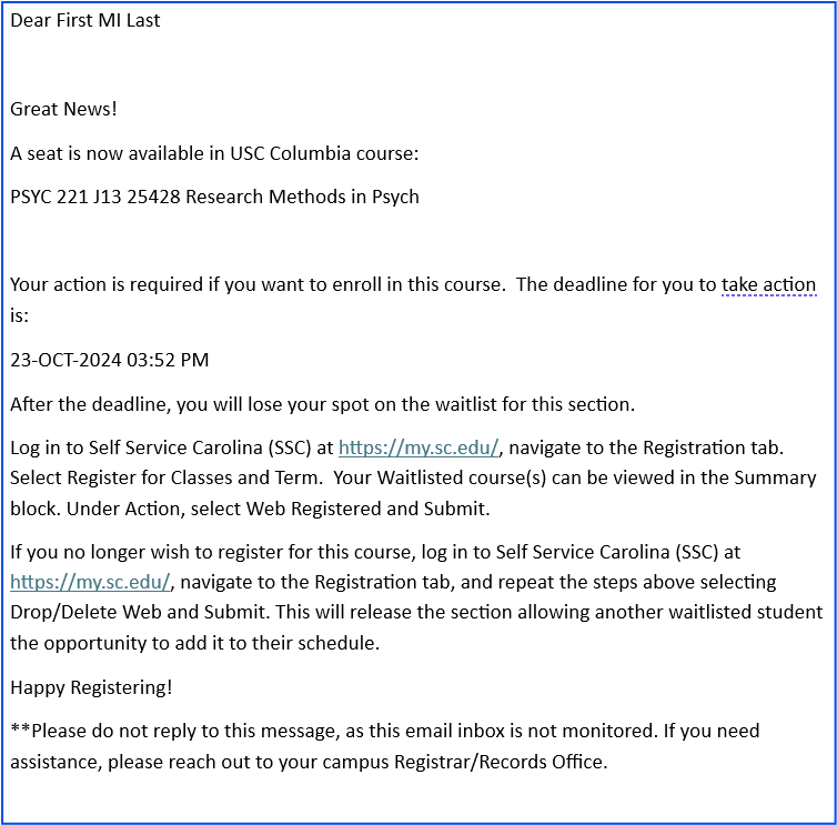 Sample Email Screenshot of sample notification email sent to a student notifying them of an available waitlist seat