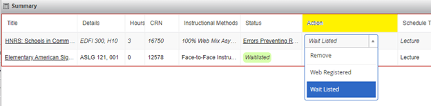 Wait List Dropdown Menu Screenshot showing the selection of Wait Listed from Action dropdown menu for a section that has a wait list seat available.