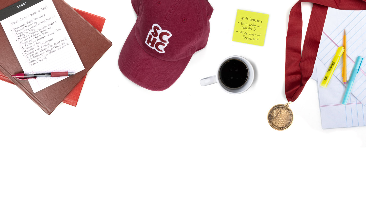 Various items related to the Honors College displayed on a white background. 