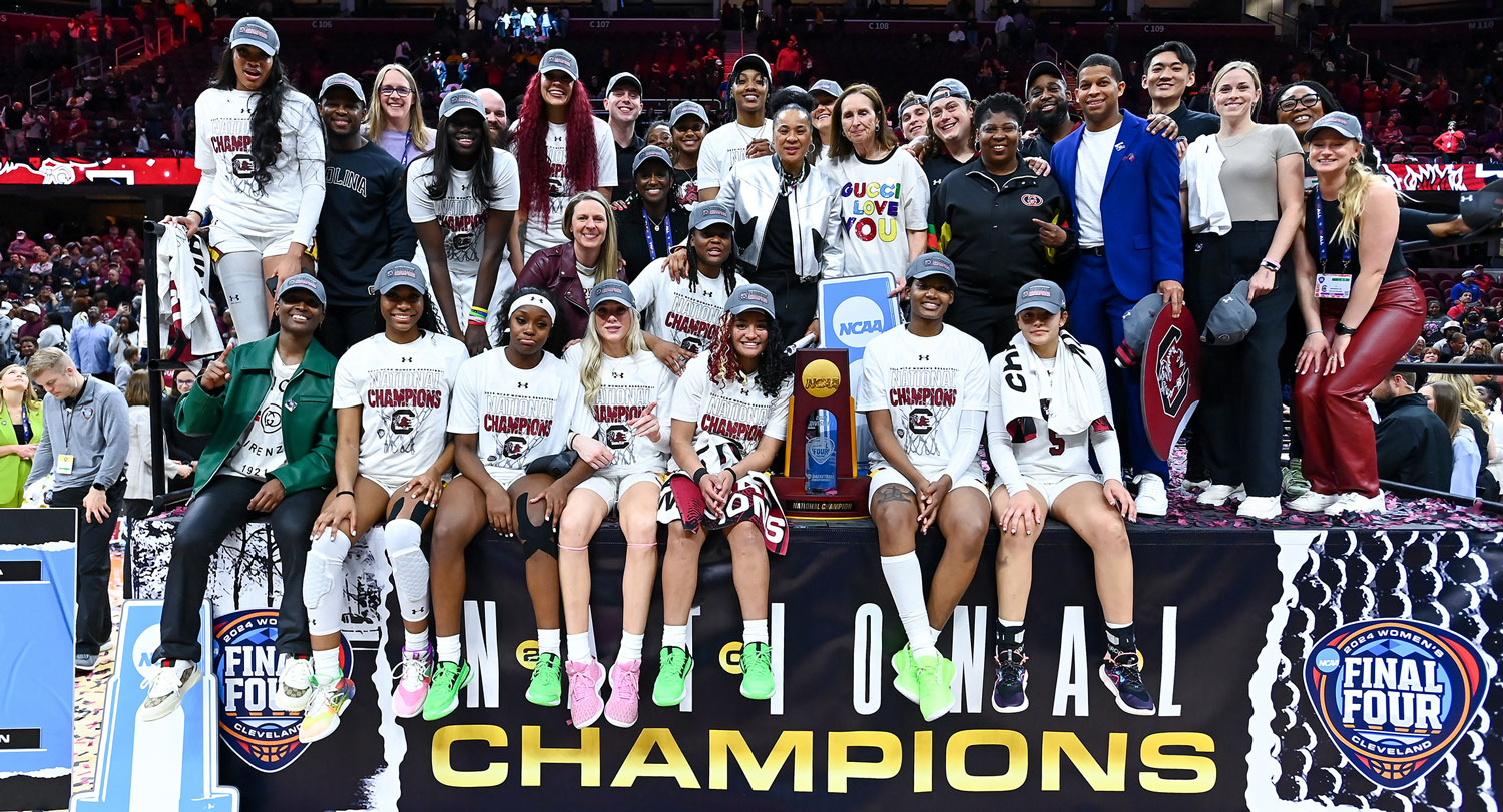 The women's basketball team celebrating after winning the NCAA National Championship.