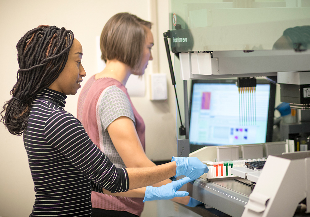 Students working in the lab at equipment.