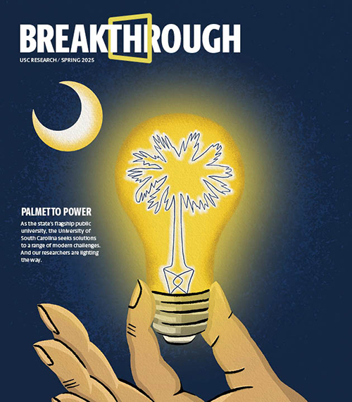 Cover of Breakthrough magazine with an illustration of a hand holding a lightbulb superimposed on a south carolina state flag
