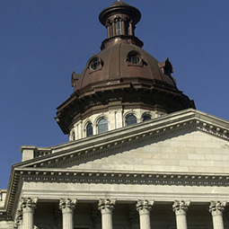 South Carolina State House building viewed from below.