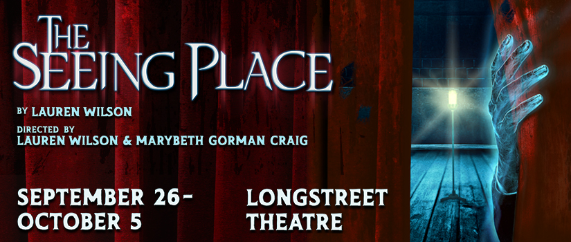 Ghostly hand pulling back a red curtain on the right with show title and dates on the left against a red background