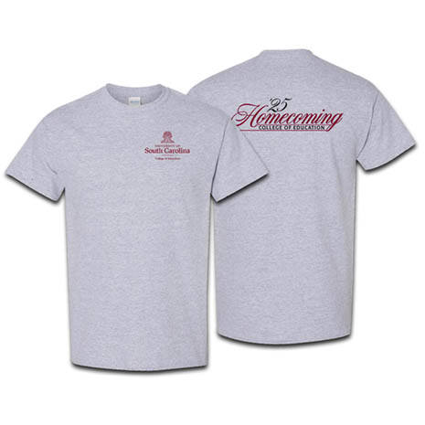 Pair of heather gray t-shirts, one facing forward the other showing a "Homecoming '25" logo on the back.