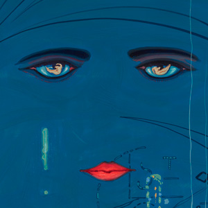 Large eyes stare out from a night sky