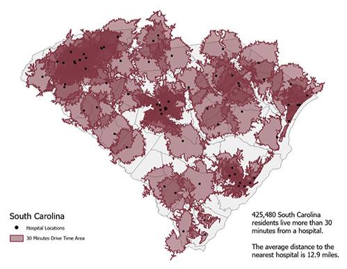 Map of South Carolina showing areas where drive times from residences to the nearest hospital is 30 minutes or less. The map legend reads: South Carolina; (dot) Hospital Locations; (garnet area) 30-Minute Drive Time Areas. Additional text reads: 425,480 South Carolina residents live more than 30 minutes from a hospital. The average distance to the nearest hospital is 12.9 miles.